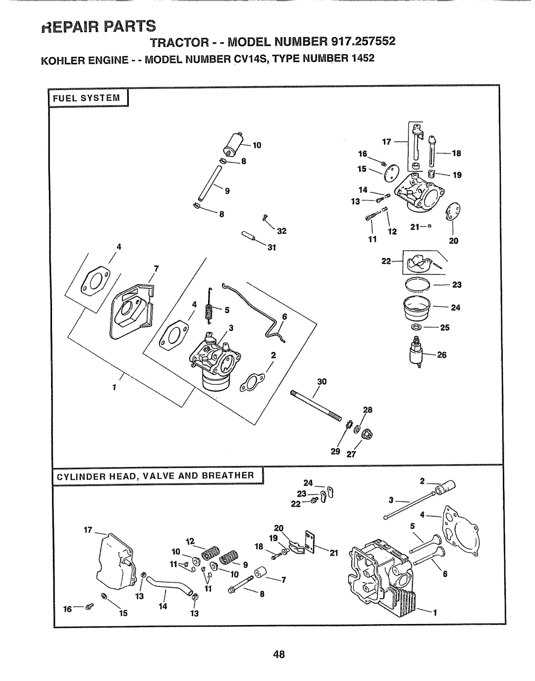 Sears 917.257552 manual FUELSVTEMl, Tractor --MODEL Number 