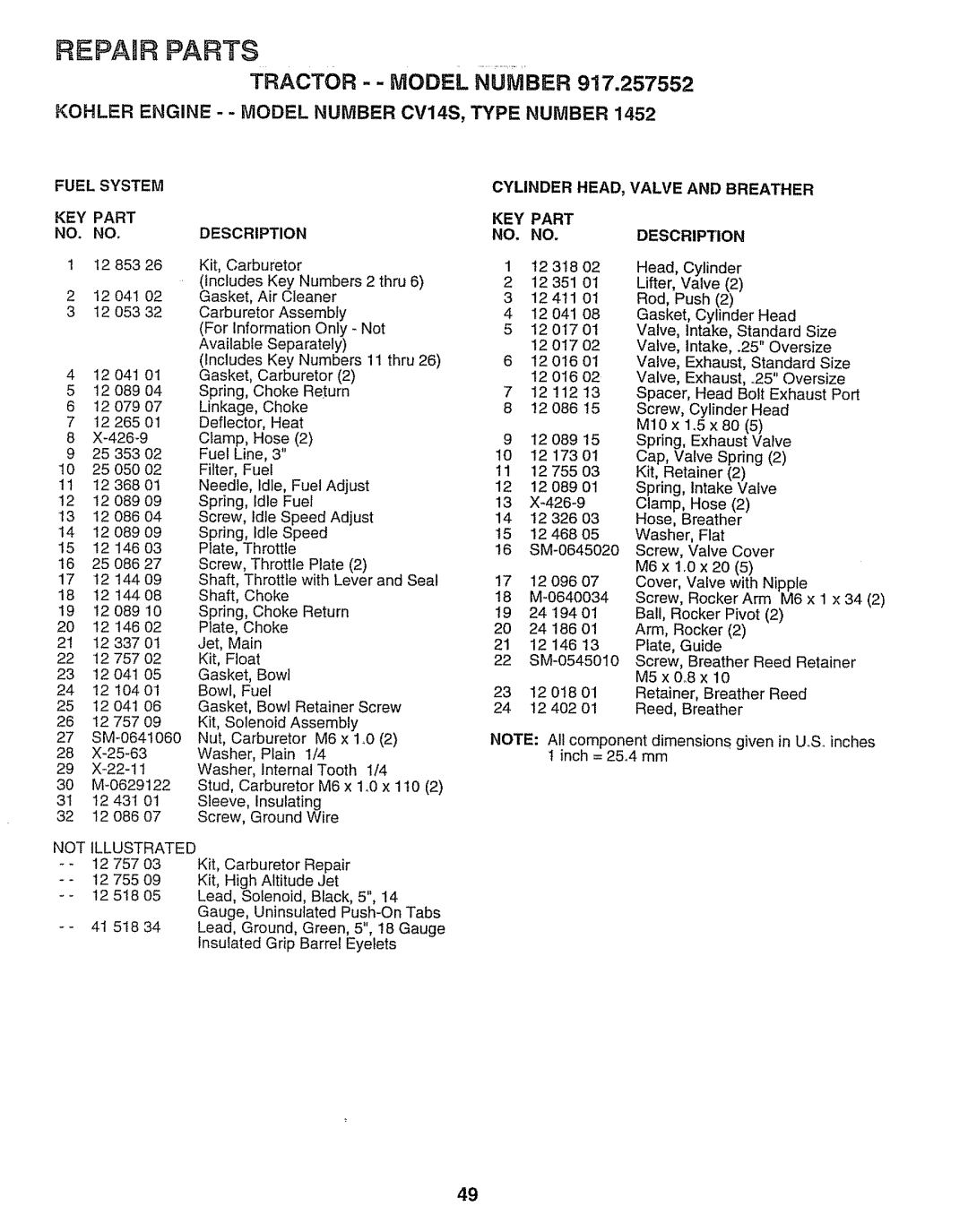 Sears 917.257552 manual Kohler Engine - Model Number CV14S, Type Number, Fuel System 