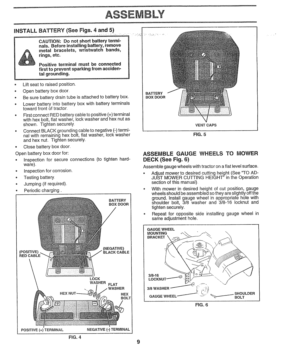 Sears 917.257552 manual Install Battery See Figs, Assemble Gauge Wheels to Mower 