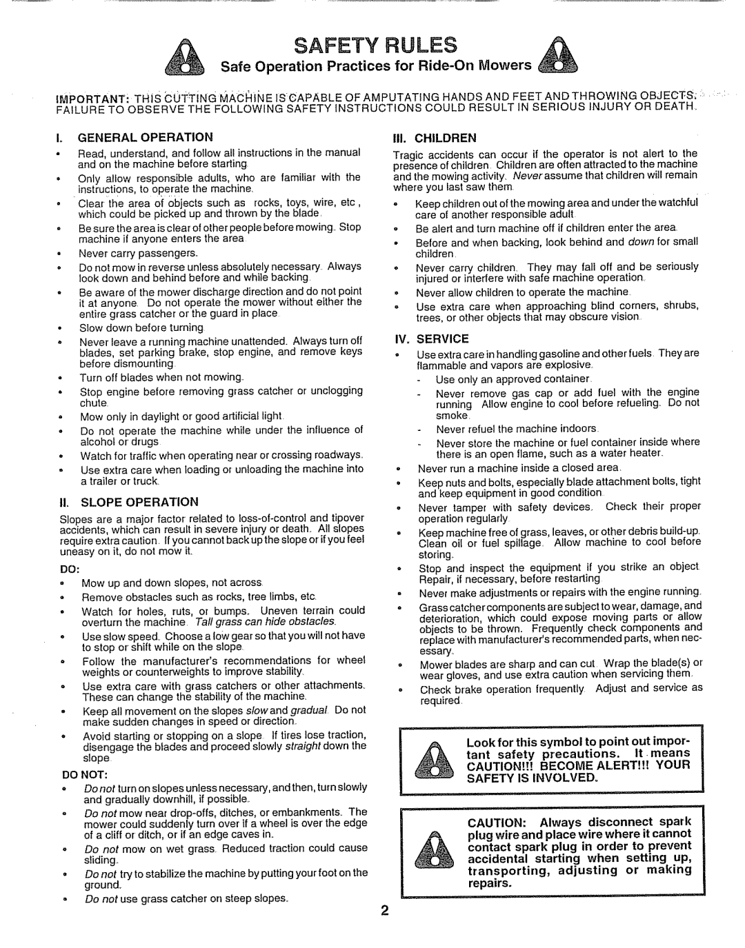 Sears 917.257552 manual Safety Rules, Safe Operation Practices for Ride-OnMowers, transporting, adjusting or making repairs 