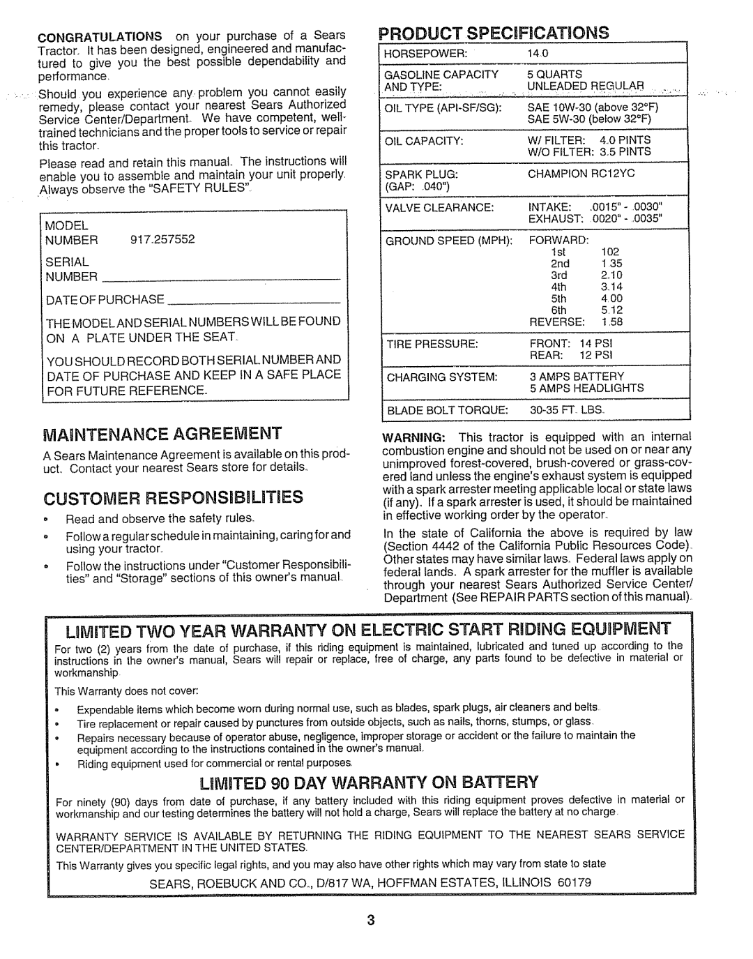 Sears 917.257552 manual MAgNTENANCE AGREEMENT, CUSTOM ER RESPONSIBnLITIES, Product Specifications 
