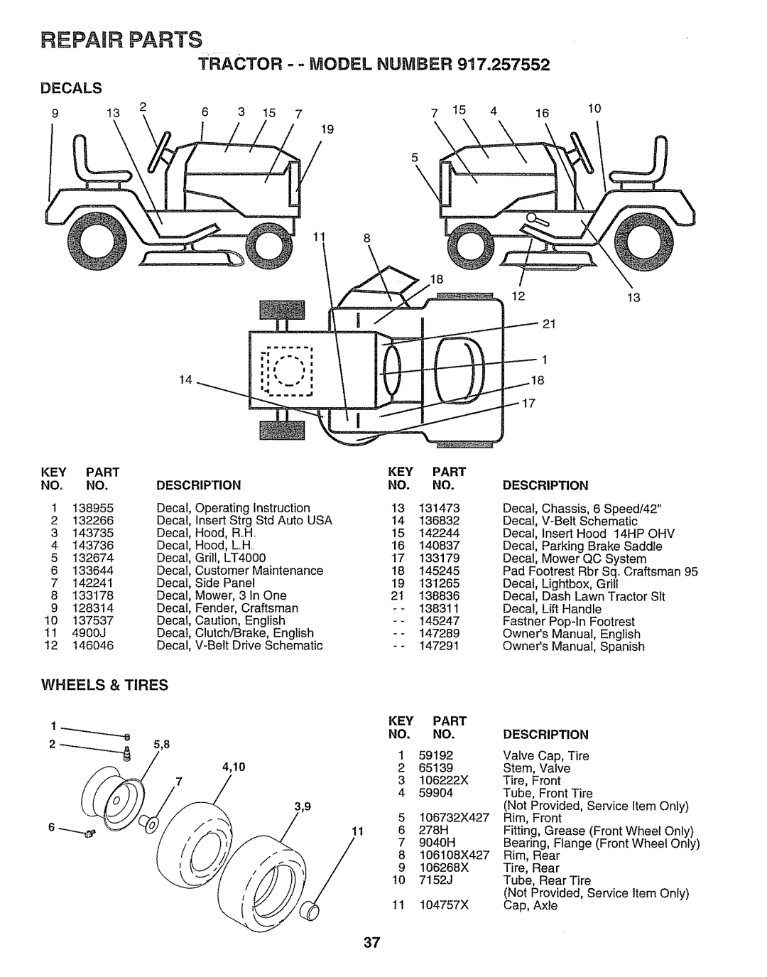 Sears 917.257552 Reparrparts, Model Number, Wheels & Tires, 2-.-..--__._._.,_, 59192, 4,10, 106222X, 59904, Tractor, Part 