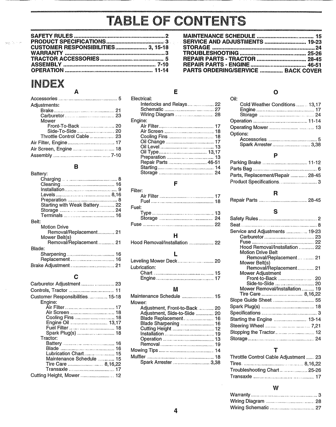 Sears 917.257552 manual Of Contents, Bndex, Tabl 