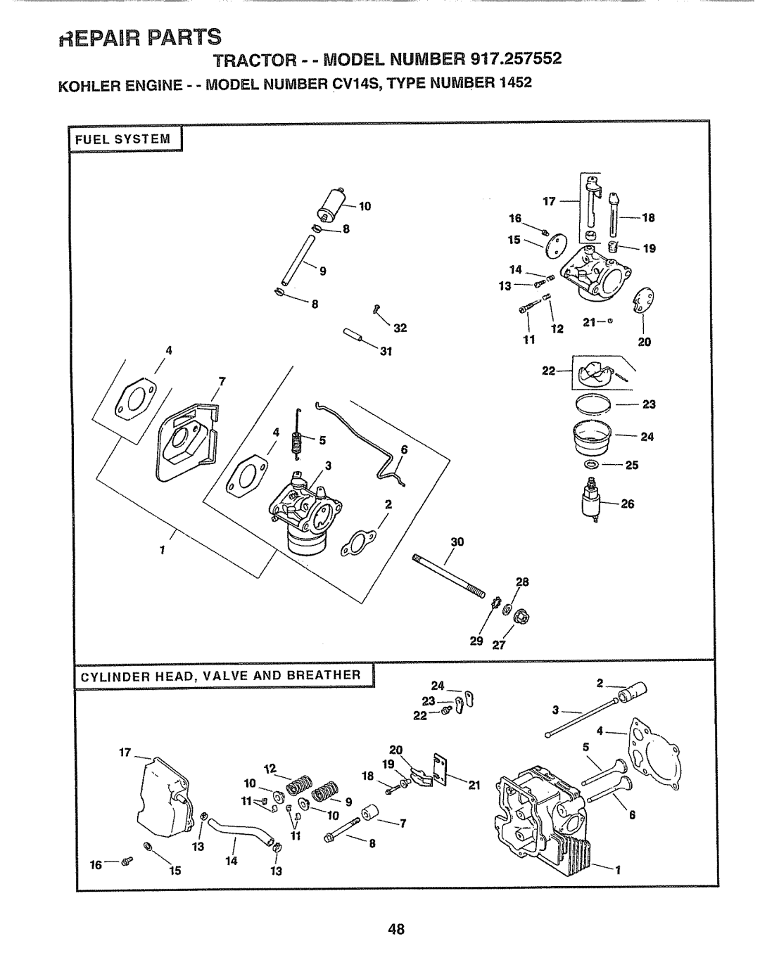 Sears 917.257552 manual FUELSV_TEMl, _Epaur Parts, Tractor -- Model Number, _1o 9, 1120, 3O 