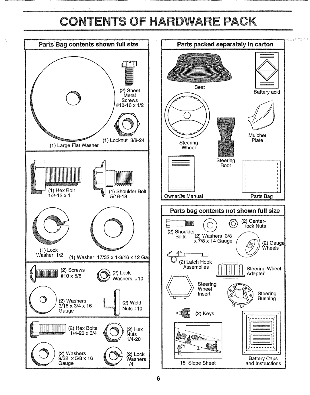 Sears 917.257552 Contents Of Hardware Pack, Parts packed separately in carton, Parts Bag contents shown full size, 2Center 