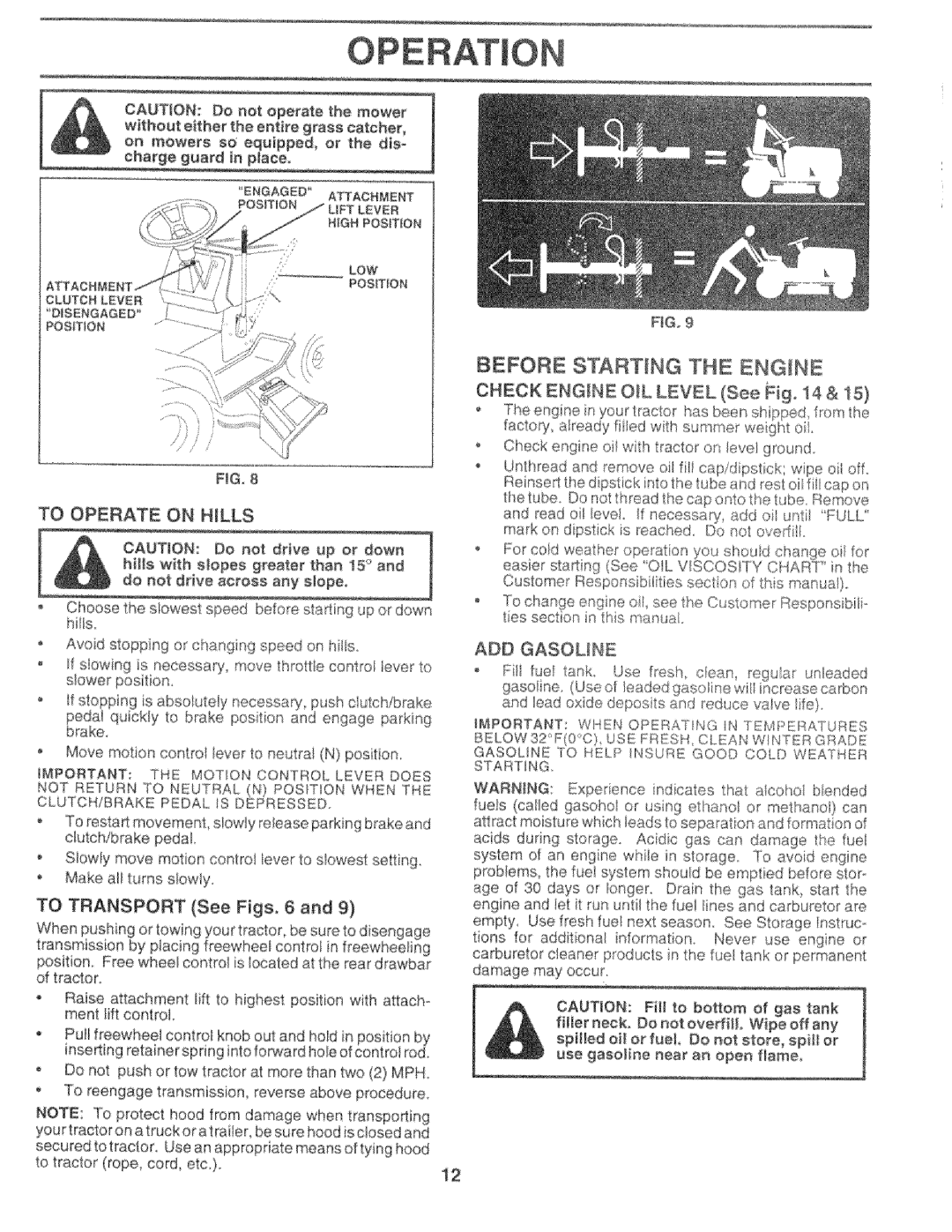 Sears 917.25759 Before Starting the Engine, To Operate on Hills, To Transport See Figs, Check Engine OL Level See Fig, 14 