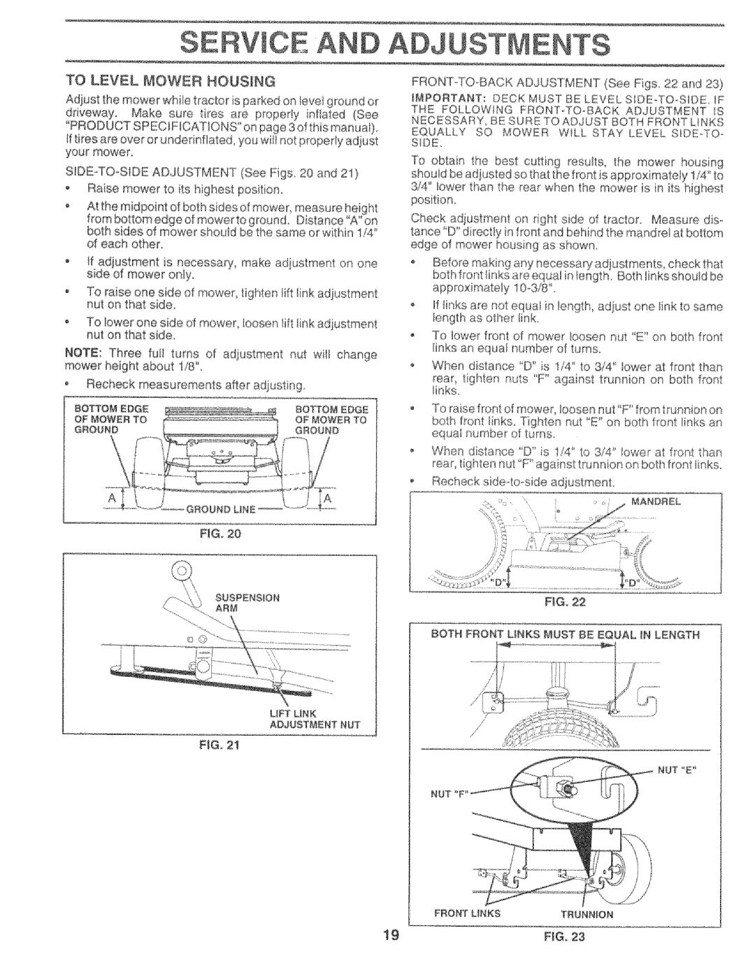 Sears 917.25759 manual To Level Mower Housing, Both Front Links Must be Equal in Length 