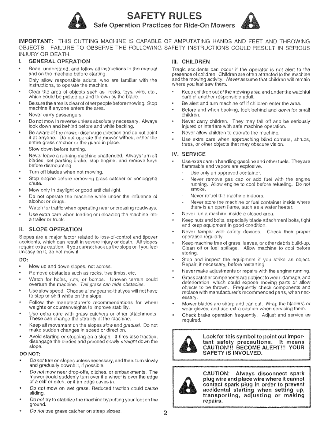 Sears 917.25759 manual Safe Operation Practices for Ride-On Mowers, Service, Safety is Involved 