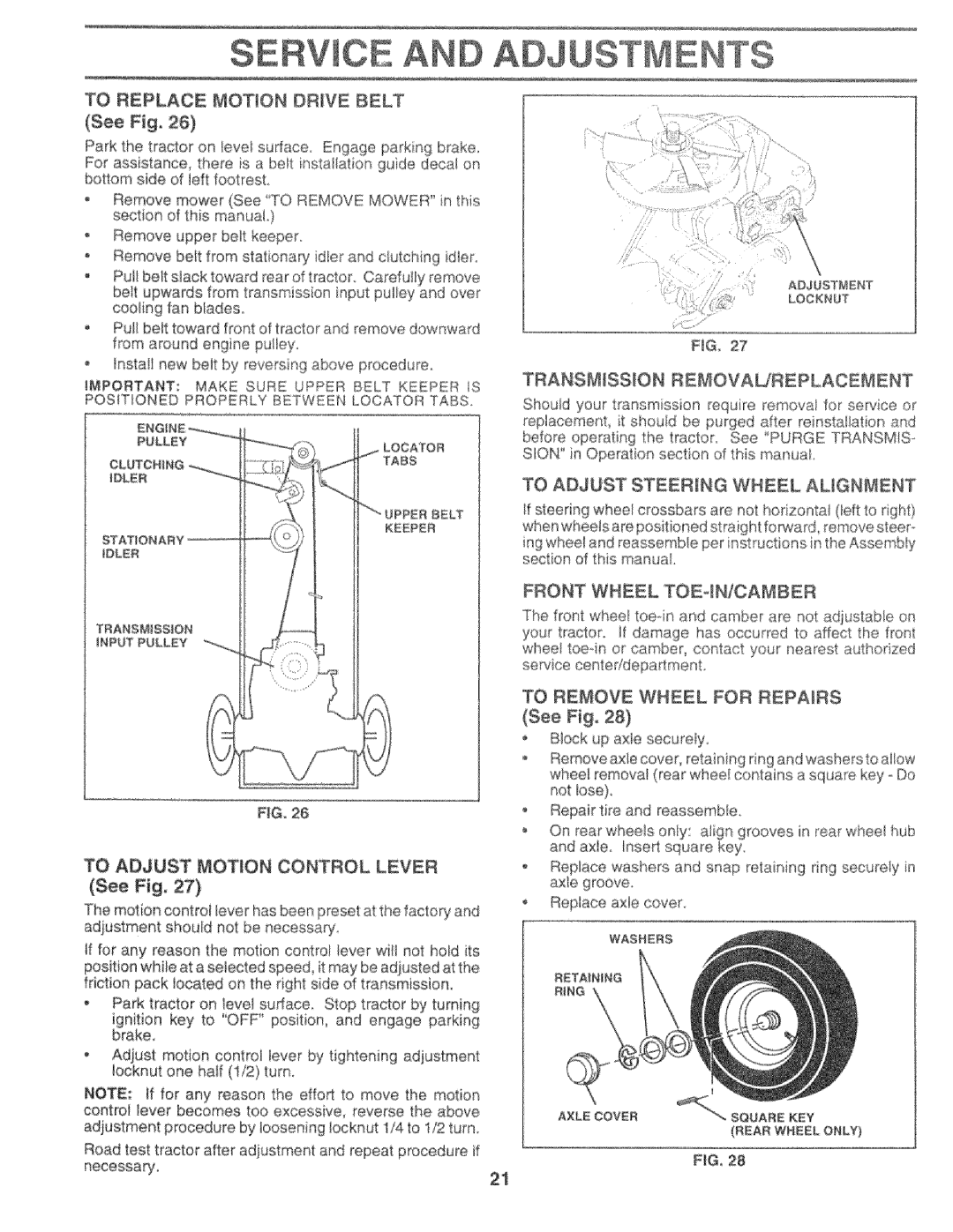 Sears 917.25759 To Replace Motion Drive Belt See Fig, Transmission Removaureplacement, To Adjust Steering Wheel Augnment 