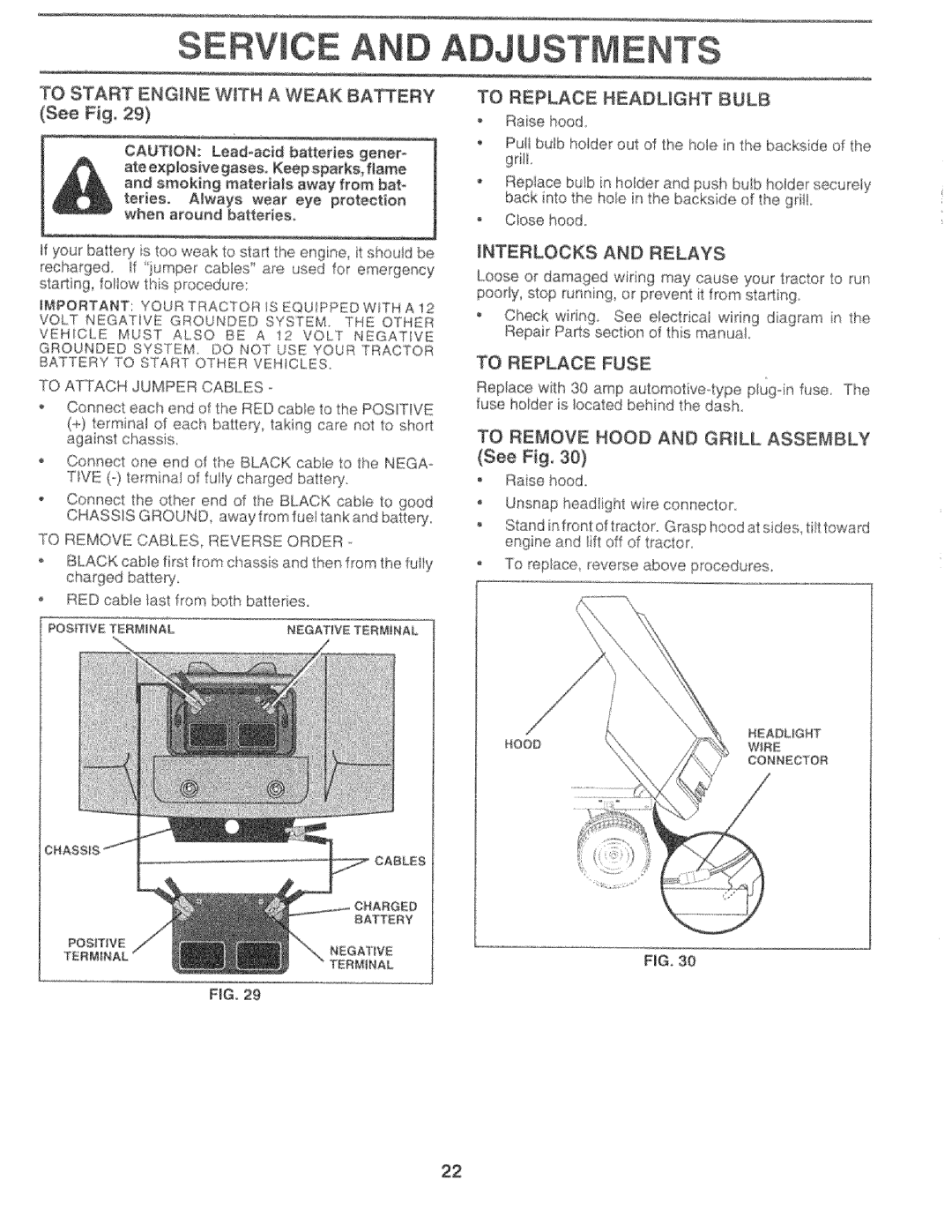 Sears 917.25759 manual To Start Engine WTH a Weak Bakery, To Replace Headlight Bulb, Interlocks and Relays, To Replace Fuse 