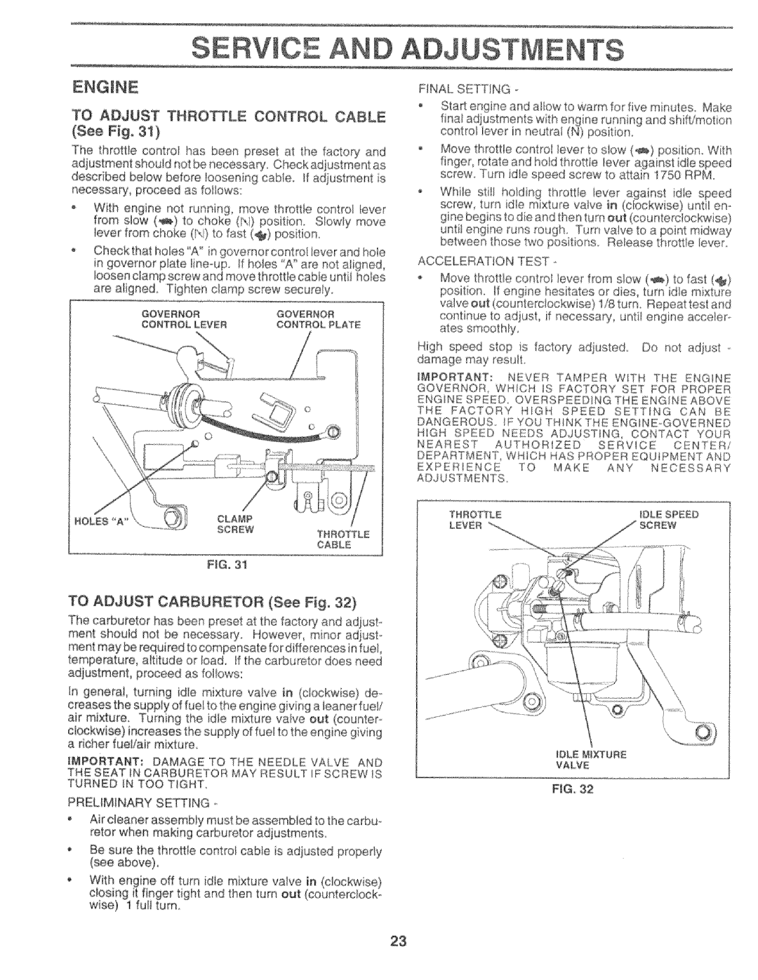 Sears 917.25759 manual To Adjust Throle Control Cable See Fig, To Adjust Carburetor See Fig, Acceleration Test 