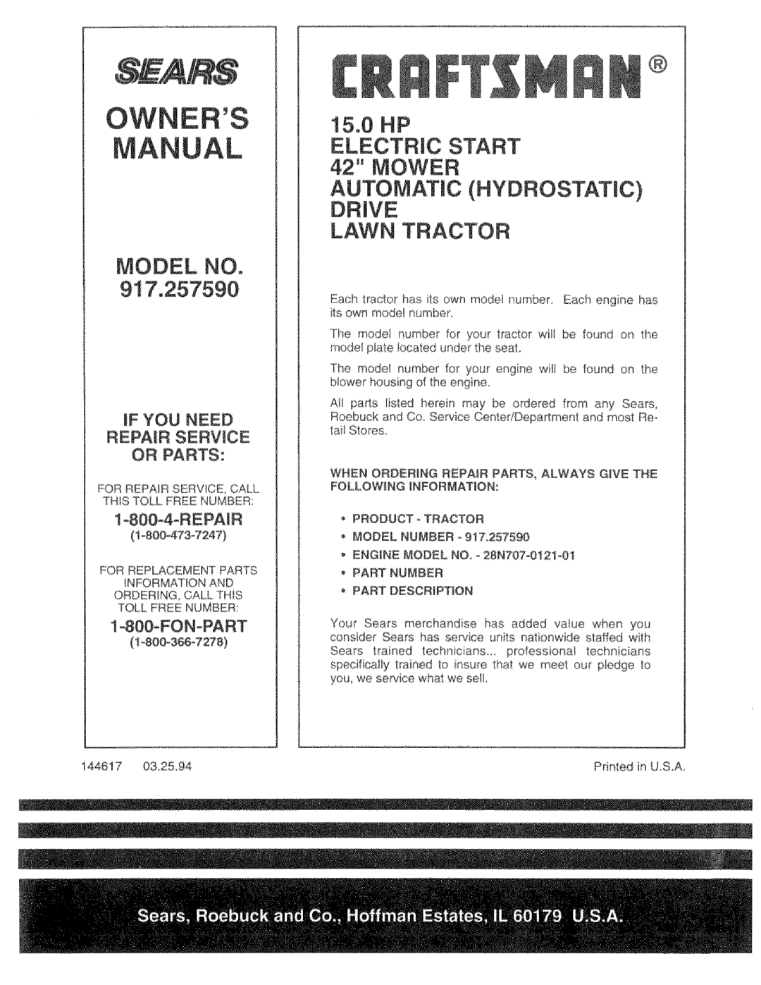 Sears 917.25759 manual IF YOU Need Repair Servwce or Parts, Part Number 