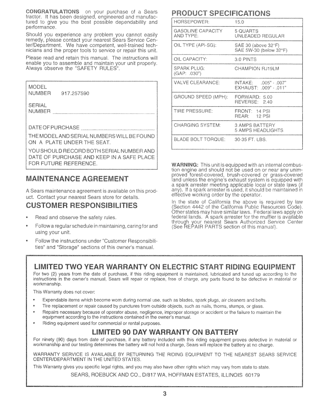 Sears 917.25759 Product Specifications, Maintenance Agreement, Customer Responsibilities, Lmited 90 DAY Warranty on Bakery 