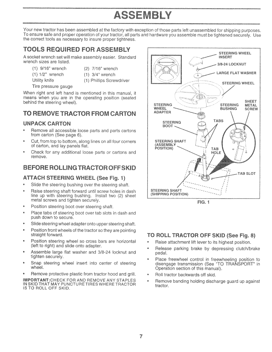 Sears 917.25759 Tools Required for Assembly, To Remove Tractor from Carton, Before Rolling Tractor OFF SKiD, Unpack Carton 