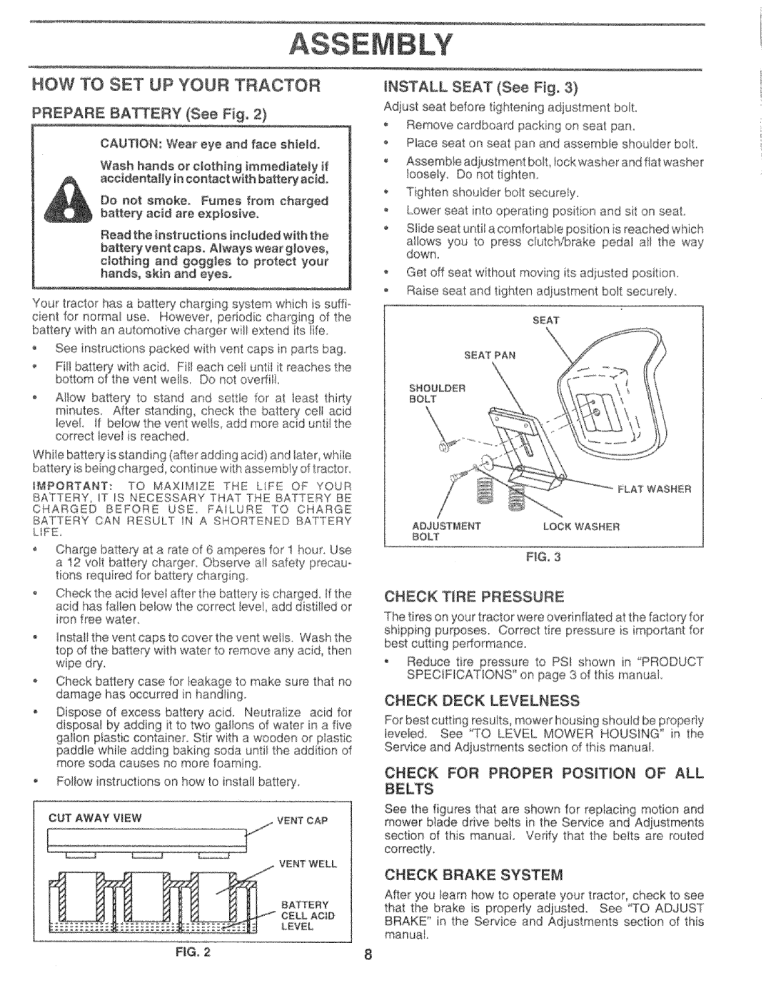 Sears 917.25759 HOW to SET UP Your Tractor, Check Tire Pressure, Check Deck Levelness, Check for Proper Position of ALL 