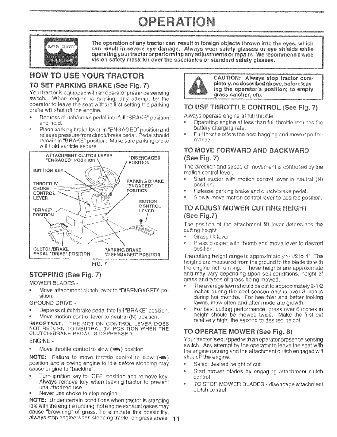 Sears 917.25759 manual TO SET PARKING BRAKE See Fig, TO USE THRO_LE CONTROL See Fig, To Move Forward And Backward 