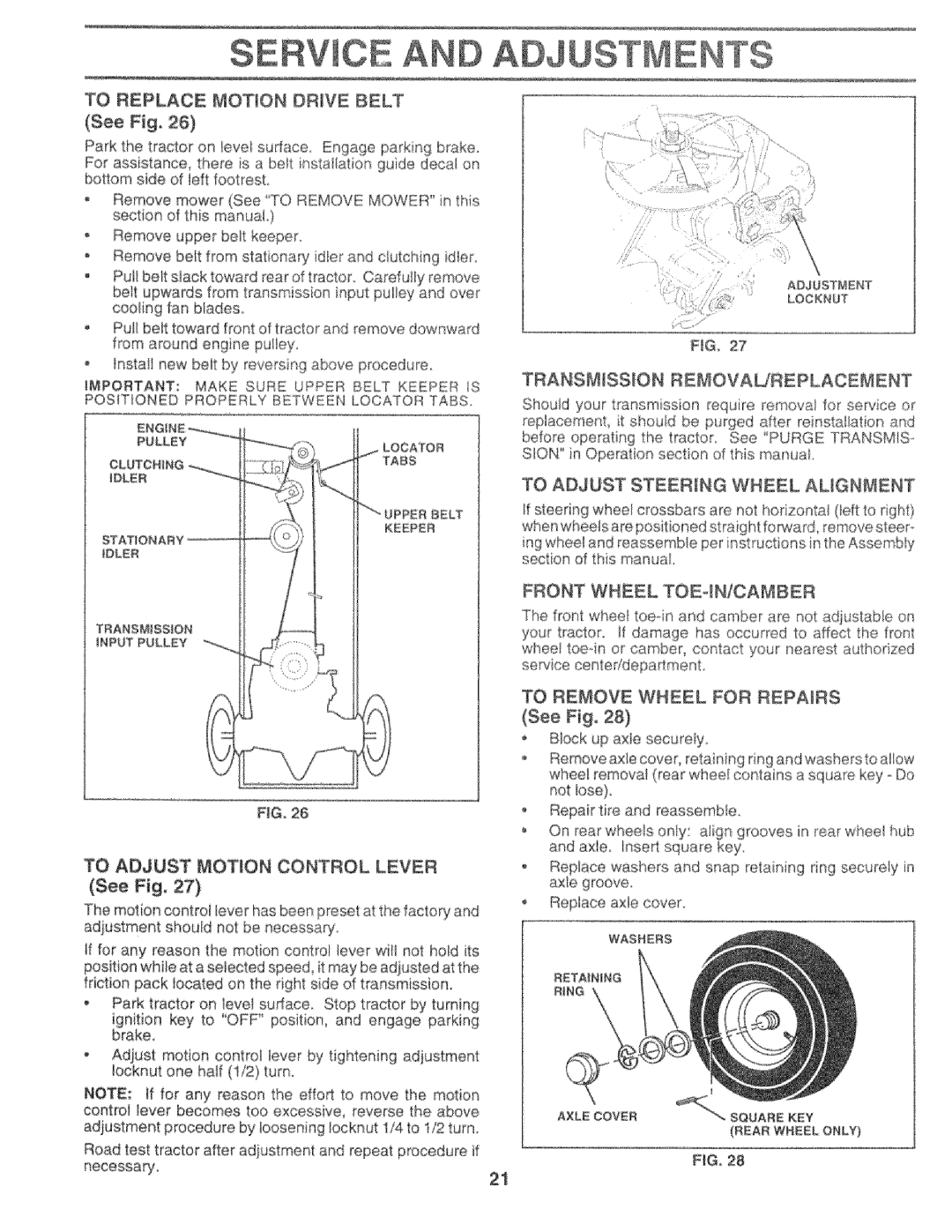 Sears 917.25759 TO REPLACE MOTION DRIVE BELT See Fig, Transmission Removaureplacement, To Adjust Steering Wheel Augnment 