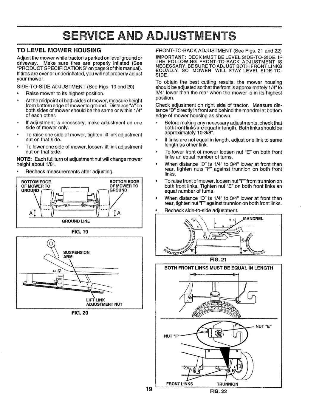 Sears 917.257632 owner manual To Level Mower Housing, Bothfront Links Must be Equal in Length 