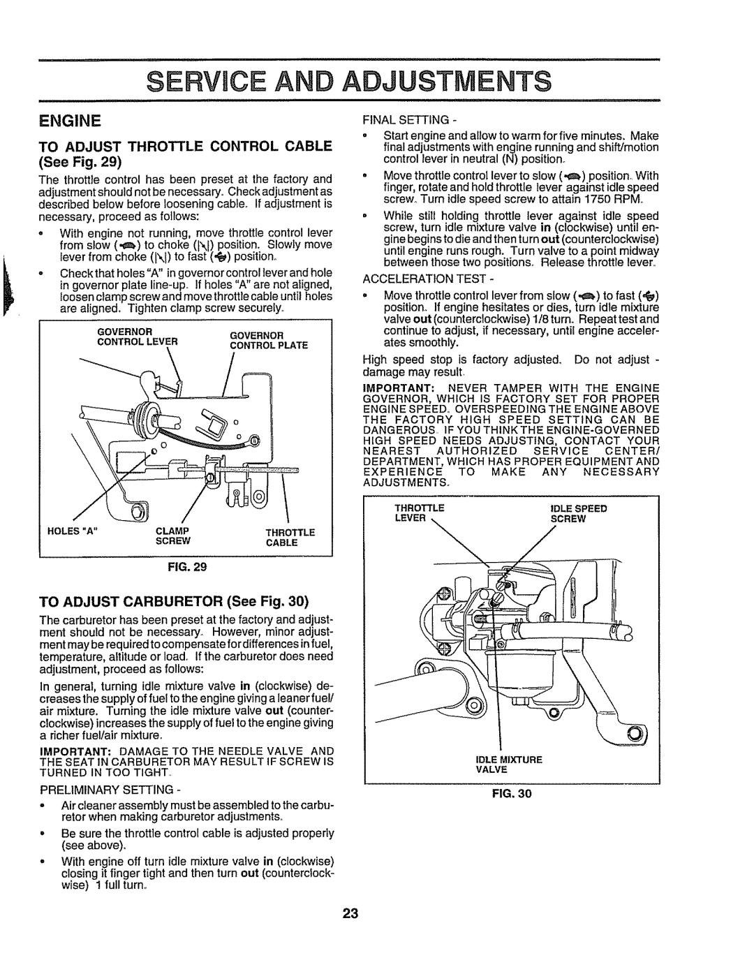 Sears 917.257632 To Adjust Throttle Control Cable, To Adjust Carburetor See Fig, Preliminary Setting, Final Setting 