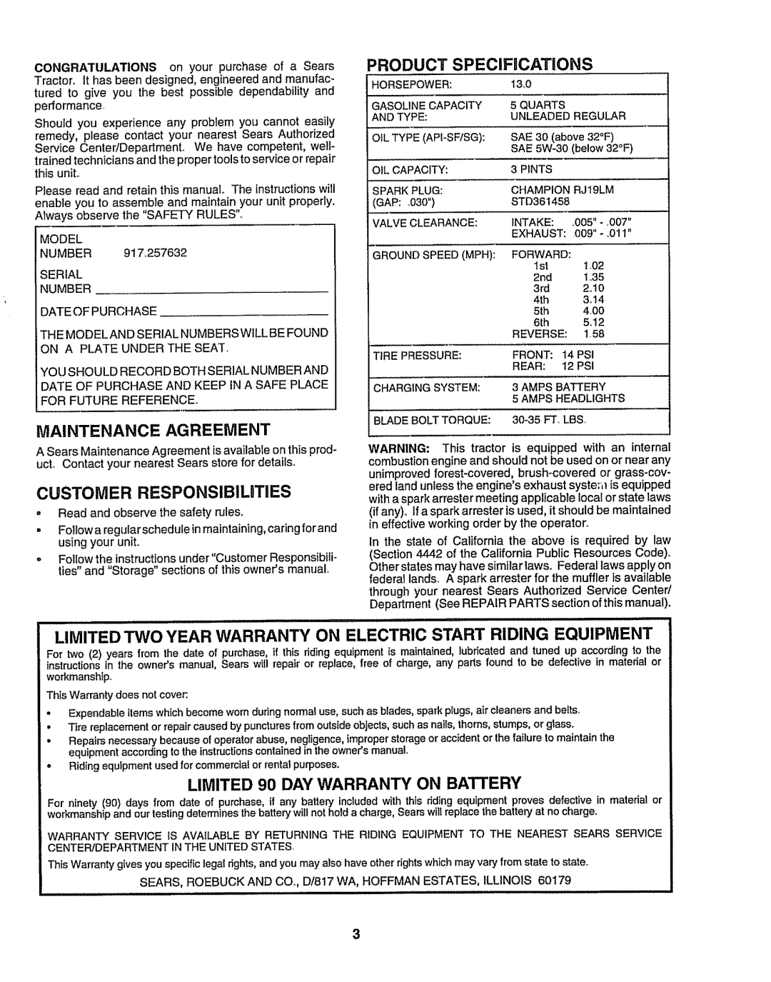 Sears 917.257632 owner manual Maintenance Agreement, Model 