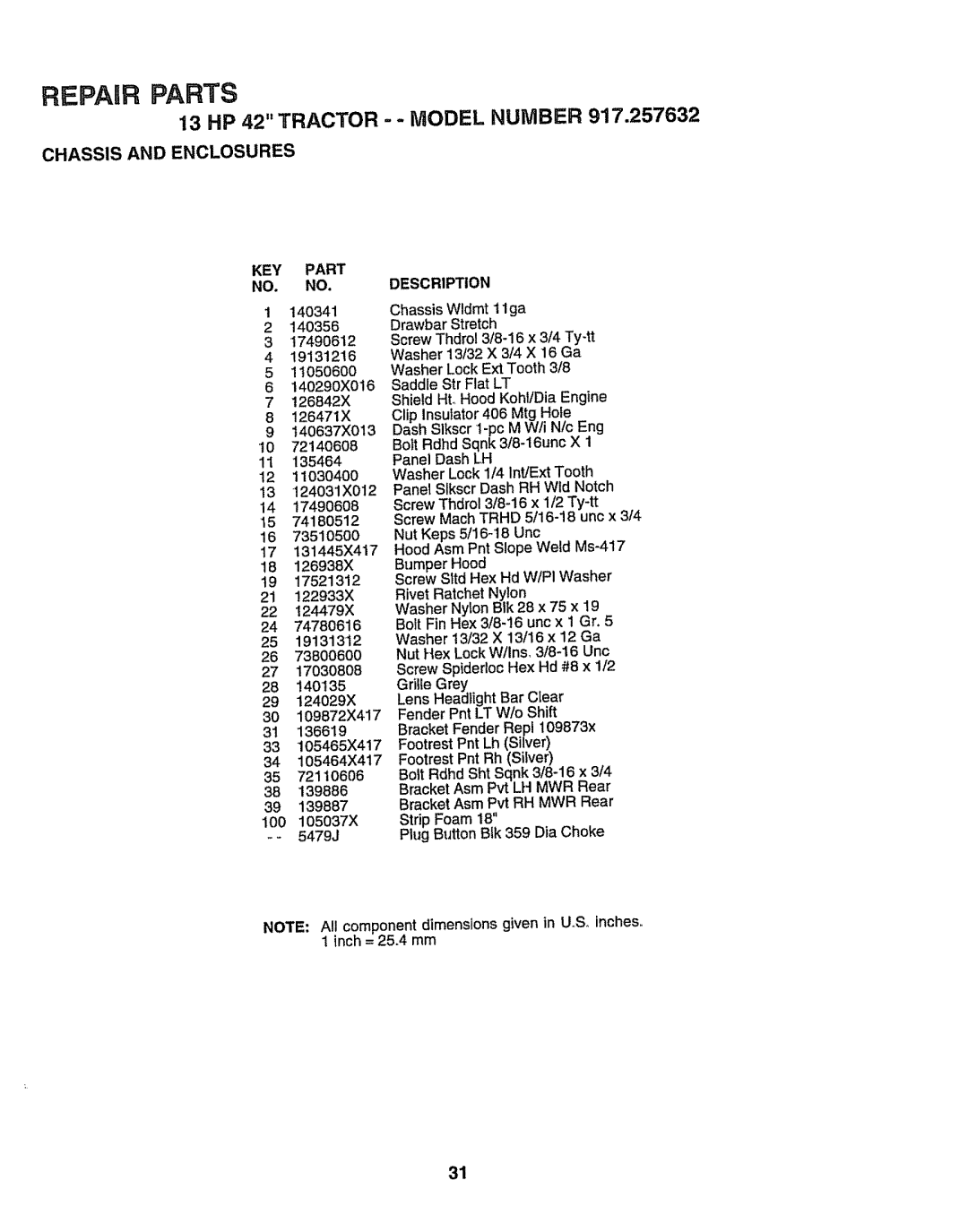 Sears 917.257632 owner manual Part Description, 105037X 