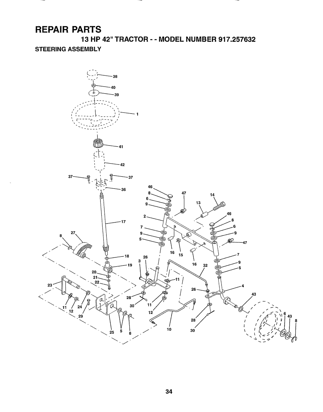 Sears 917.257632 owner manual Steering Assembly 