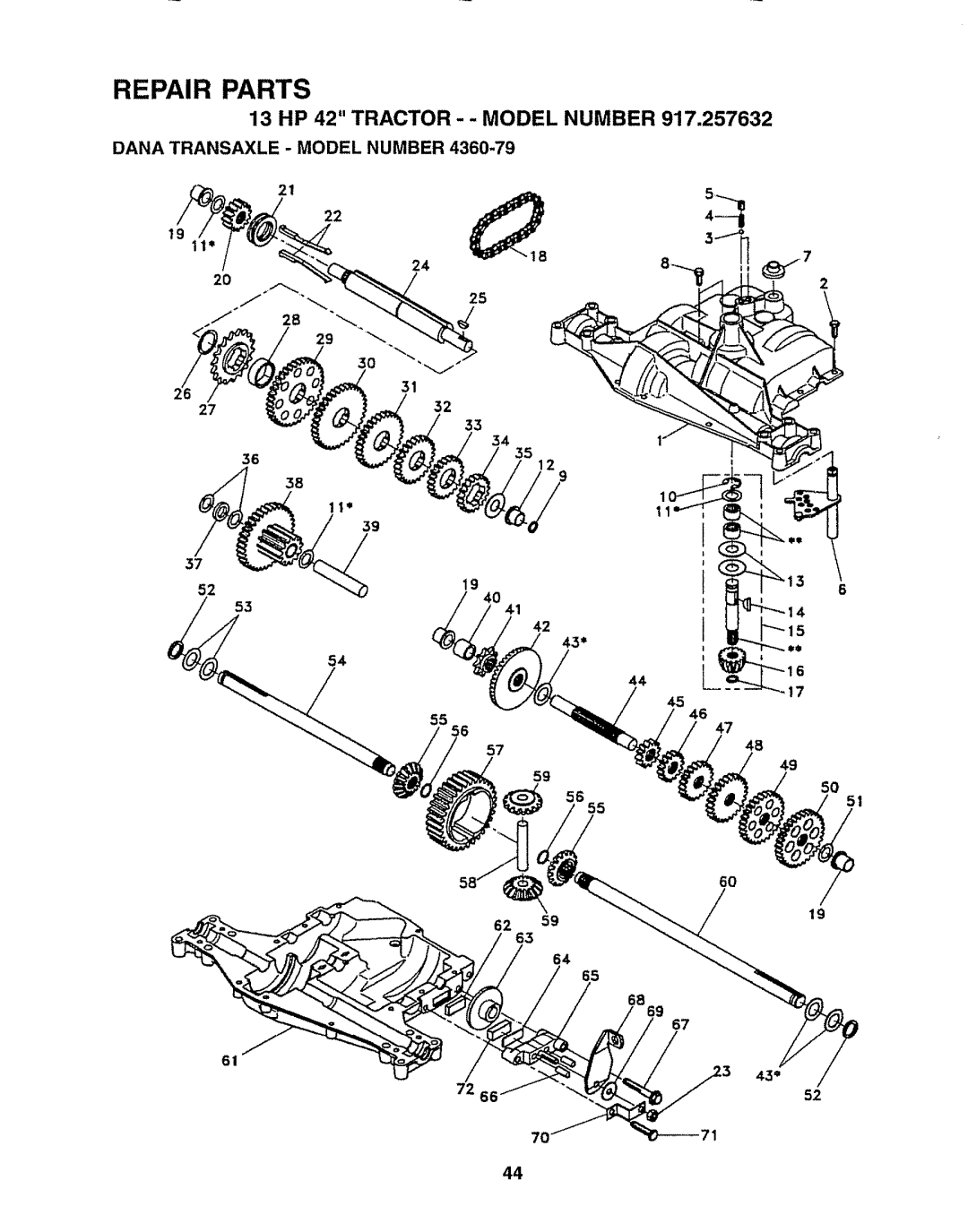 Sears 917.257632 owner manual 13 HP 42 Tractor - Model, Dana Transaxle Model Number, 2732 3635 