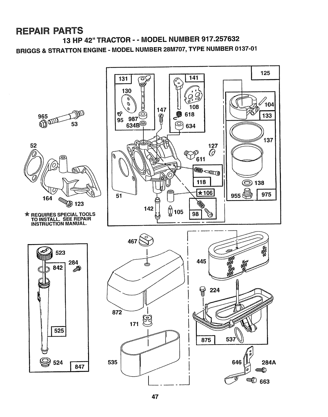 Sears 917.257632 owner manual 108 618 634, Briggs & Stratton Engine Model Number 28M707, Type Number 