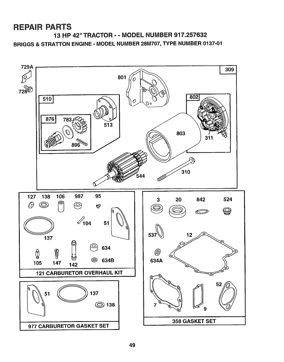 Sears 917.257632 owner manual 311, 842, Carburetor Overhaul KIT, Gasket SET Carburetor Gasket SET 