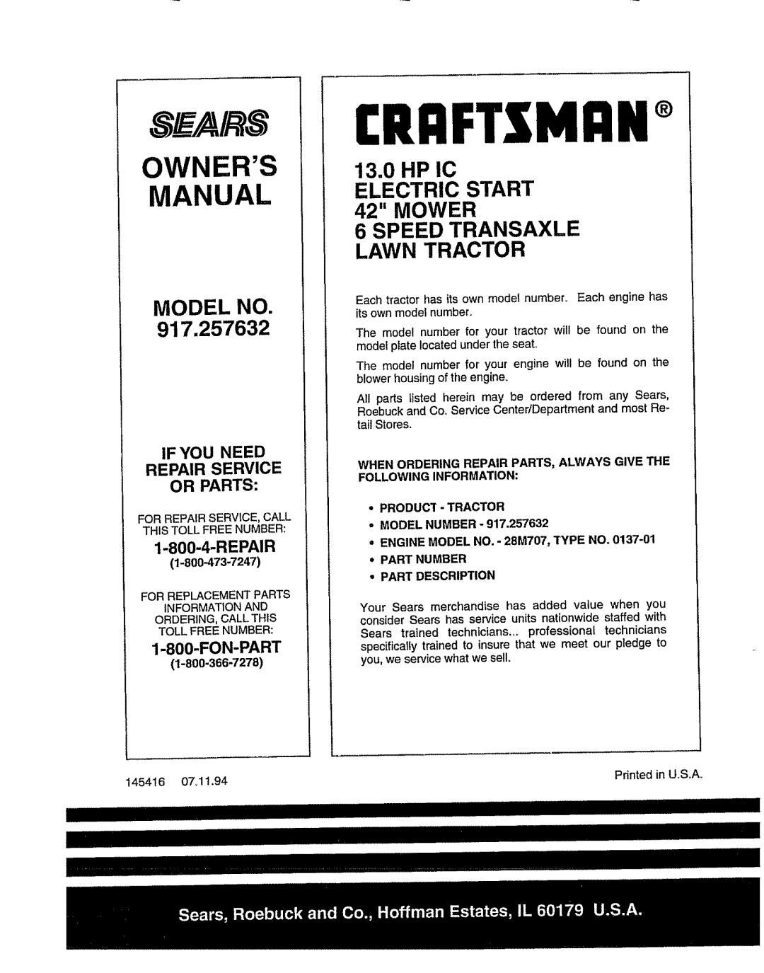 Sears 917.257632 owner manual If YOU Need Repair Service or Parts, For Repair SERVICE, Call this Toll Free Number 