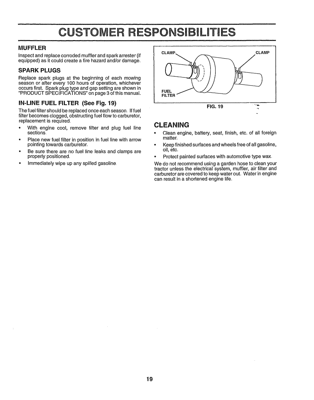 Sears 917.257643 owner manual Muffler, Spark Plugs, IN-LINEFUEL Filter See Fig 