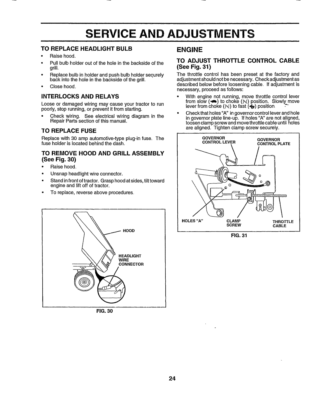 Sears 917.257643 owner manual ICE and Adjustments, Engine, To Replace Headlight Bulb, Interlocks and Relays 