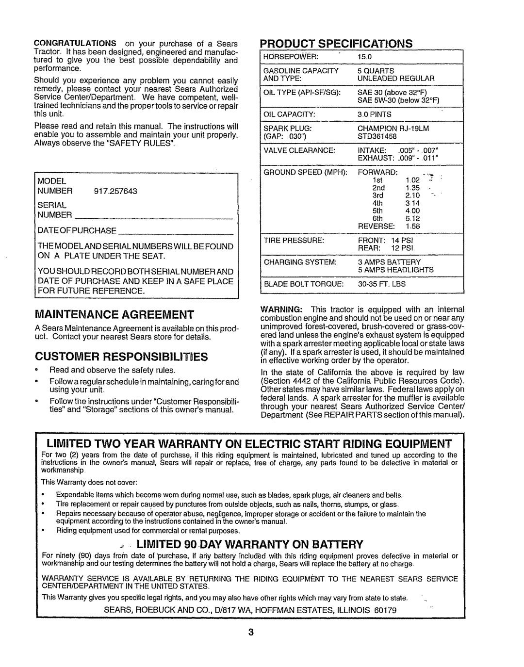 Sears 917.257643 owner manual Limited 90=DAY Warranty on Battery, Model, Serial Number Date of Purchase 