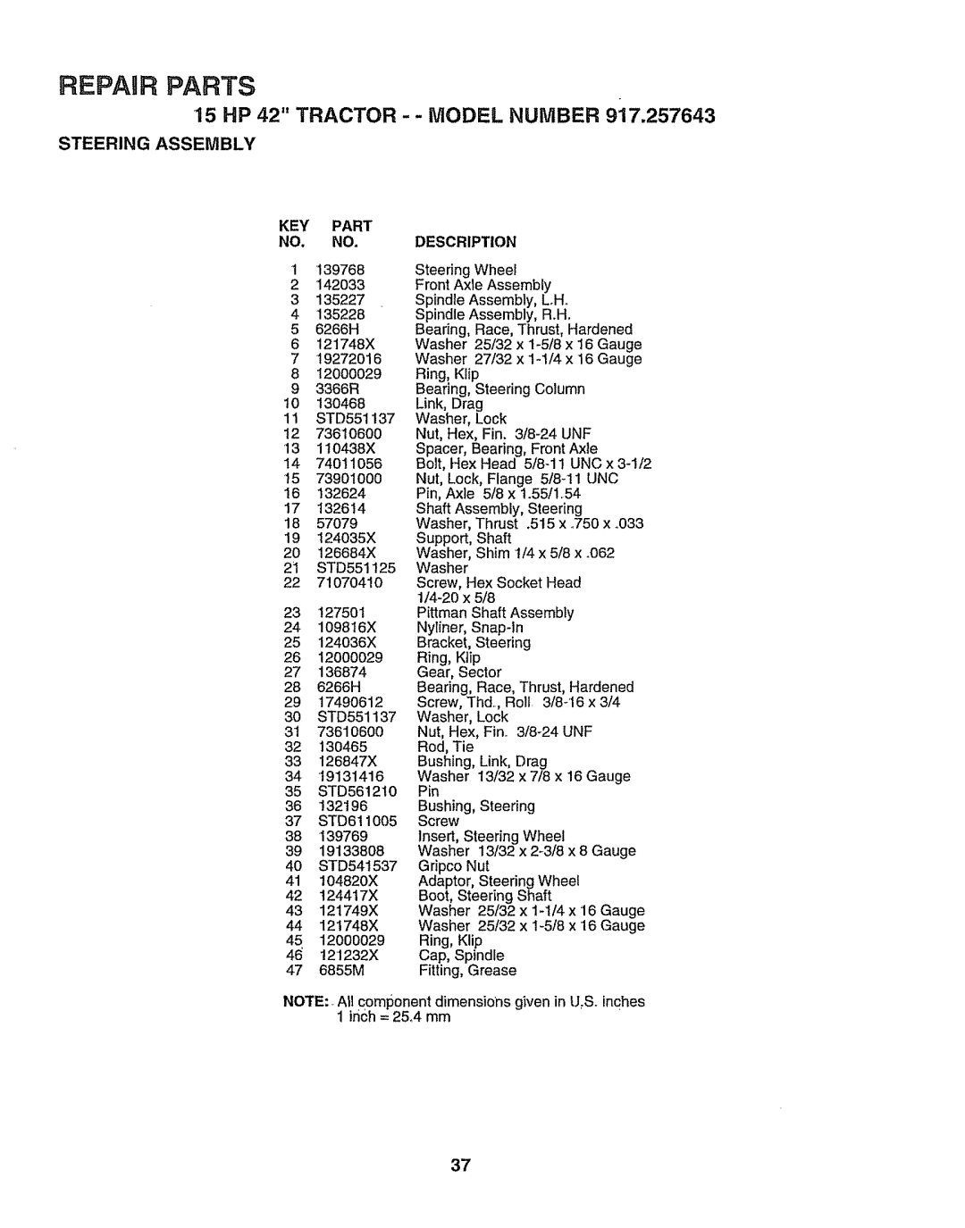 Sears 917.257643 owner manual Steering Assembly KEY Part NO. no 