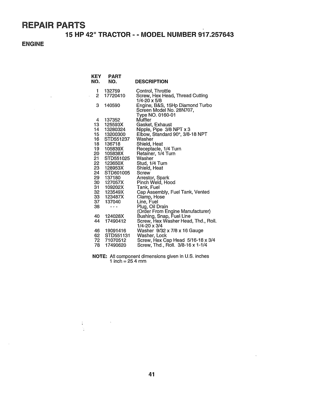 Sears 917.257643 owner manual KEY Part NO. NO. Description, Line, Fuel 