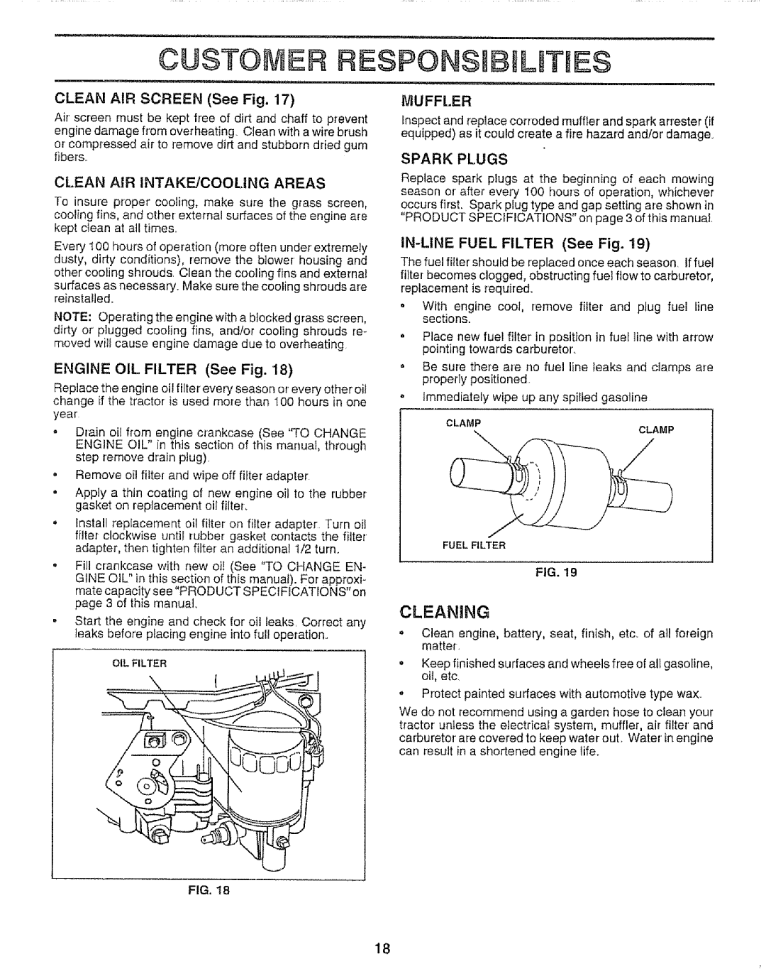 Sears 917.257651 owner manual Cleaning, Clean AIR INTAKE/COOLING Areas, Muffler, Spark Plugs 