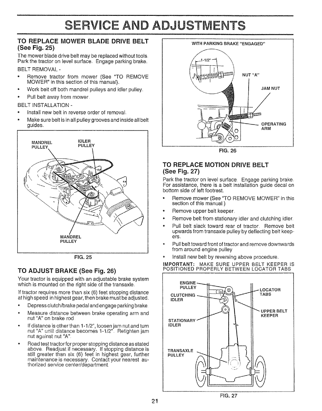 Sears 917.257651 owner manual Service AN Adjustments, To Replace Mower Blade Drive Belt See Fig, To Adjust Brake See Fig 