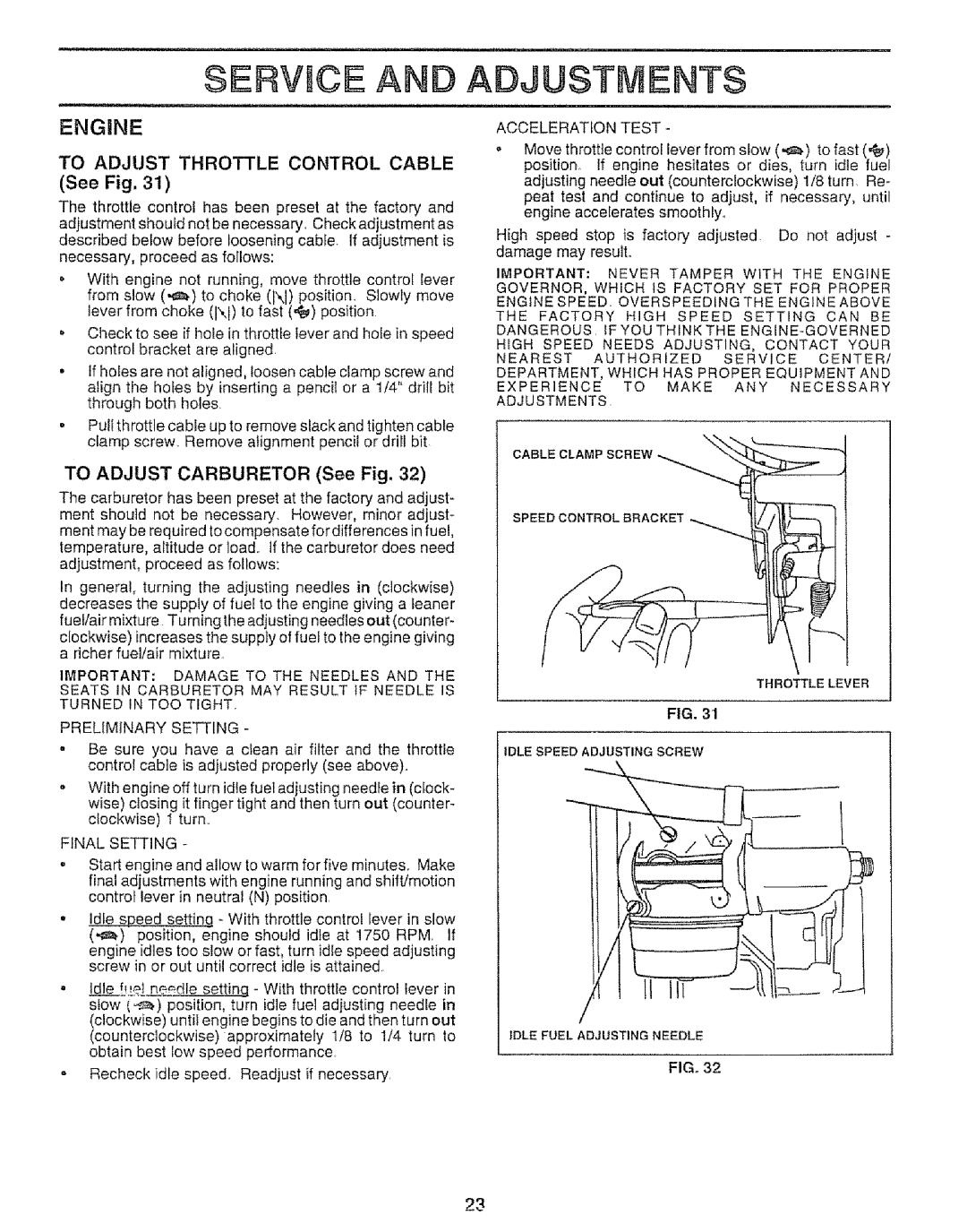 Sears 917.257651 owner manual To Adjust Throttle Control Cable See Fig, To Adjust Carburetor See Fig, Preliminary Setting 