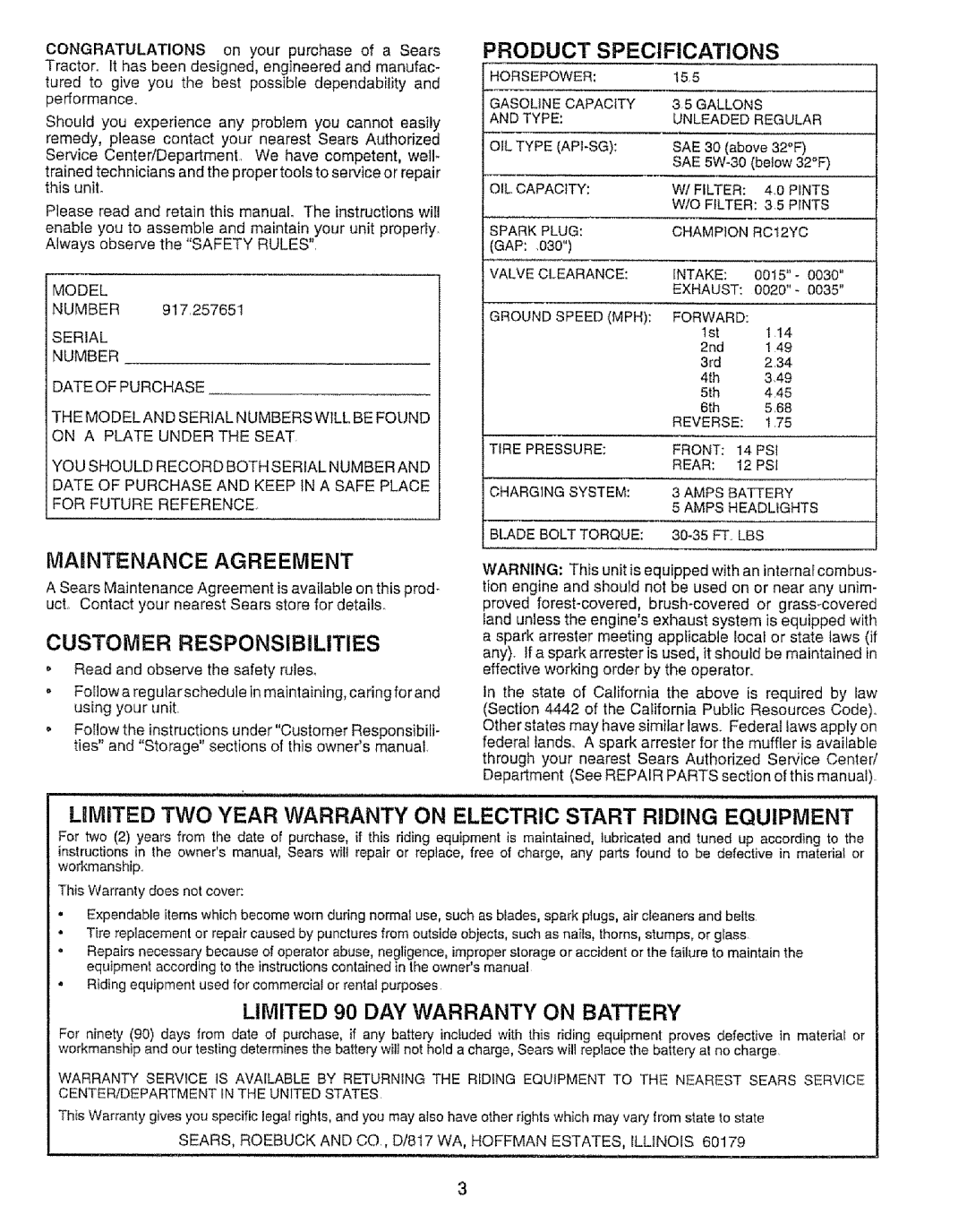 Sears 917.257651 owner manual Maintenance Agreement, Customer Responsibimties, Limited 90 DAY Warranty on Battery 