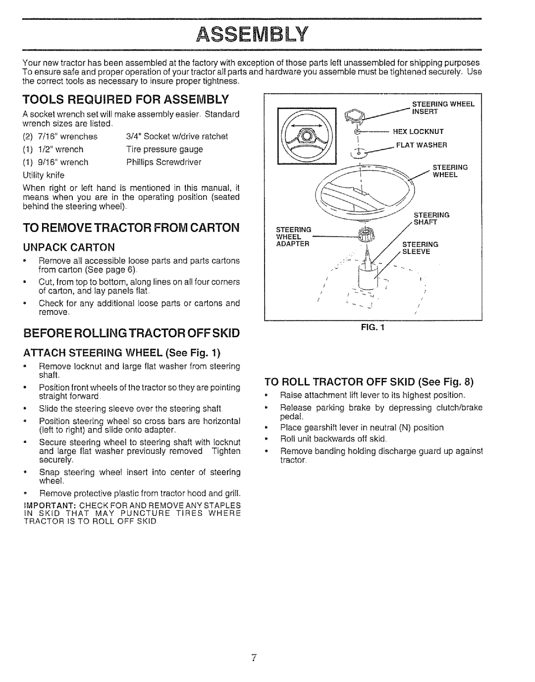 Sears 917.257651 Tools REQU1RED for Assembly, To Remove Tractor from Carton, Before Rolling Tractor OFF Skid 