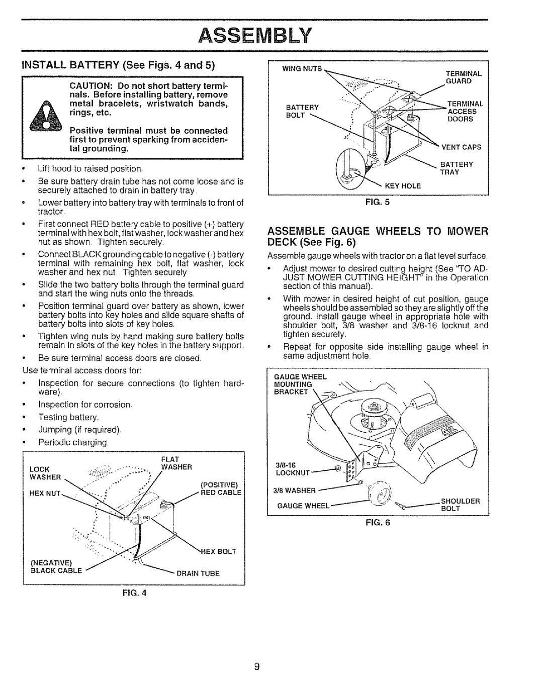 Sears 917.257651 owner manual Install Battery See Figs, Uul, Ventcaps, Assemble Gauge Wheels to Mower Deck See Fig 