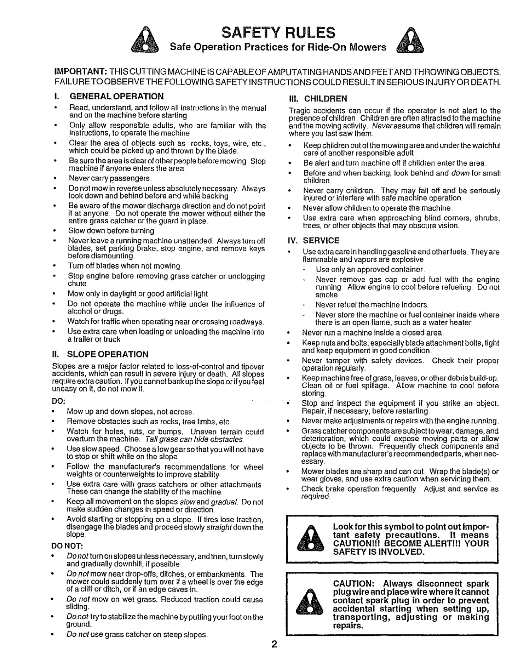 Sears 917.257651 Safety Rules, Safe Operation Practices for Ride-OnMowers, L General Operation, Ii.Slope Operation 