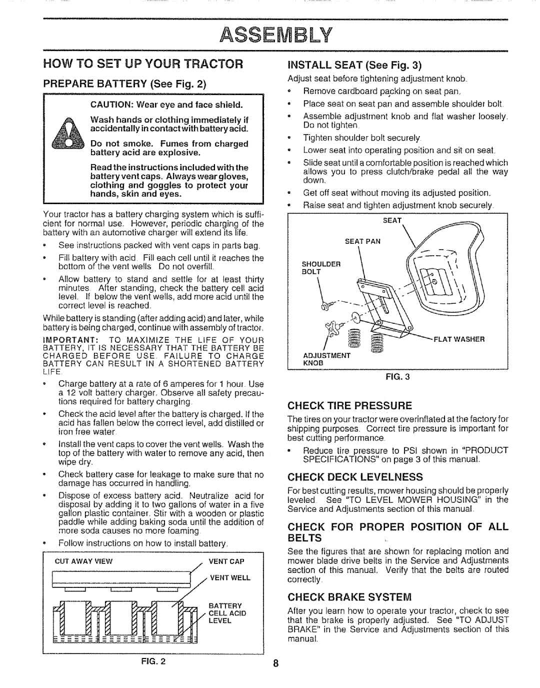 Sears 917.257651 How To Set Up Your Tractor, PREPARE BATTERY See Fig, INSTALL SEAT See Fig, Check Brake System, Assembly 