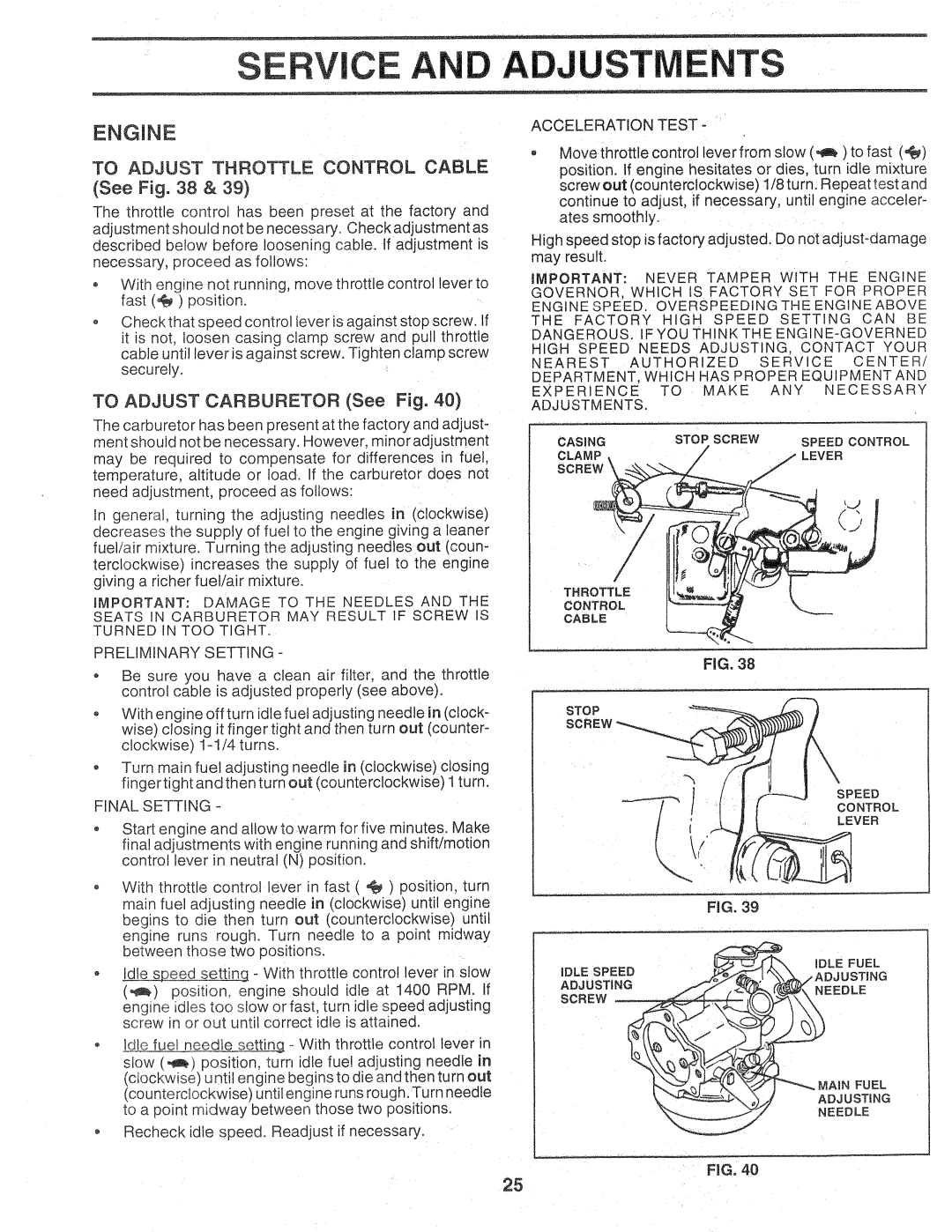 Sears 917.257720 owner manual Service a, Engine, To Adjust Throttle Control Cable See, To Adjust Carburetor See Fig 