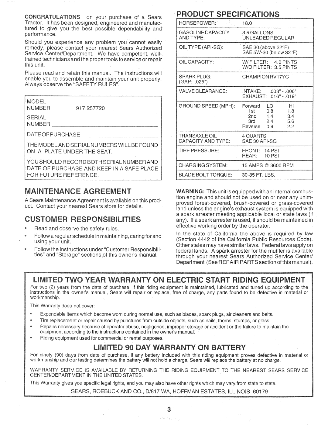 Sears 917.257720 owner manual Maintenance Agreement, Customer RESPONSNBILmTIES, Product Specifications 