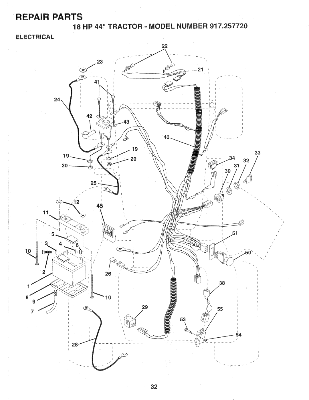 Sears 917.257720 owner manual 18 HP 44 Tractor Model Number, Electrical 