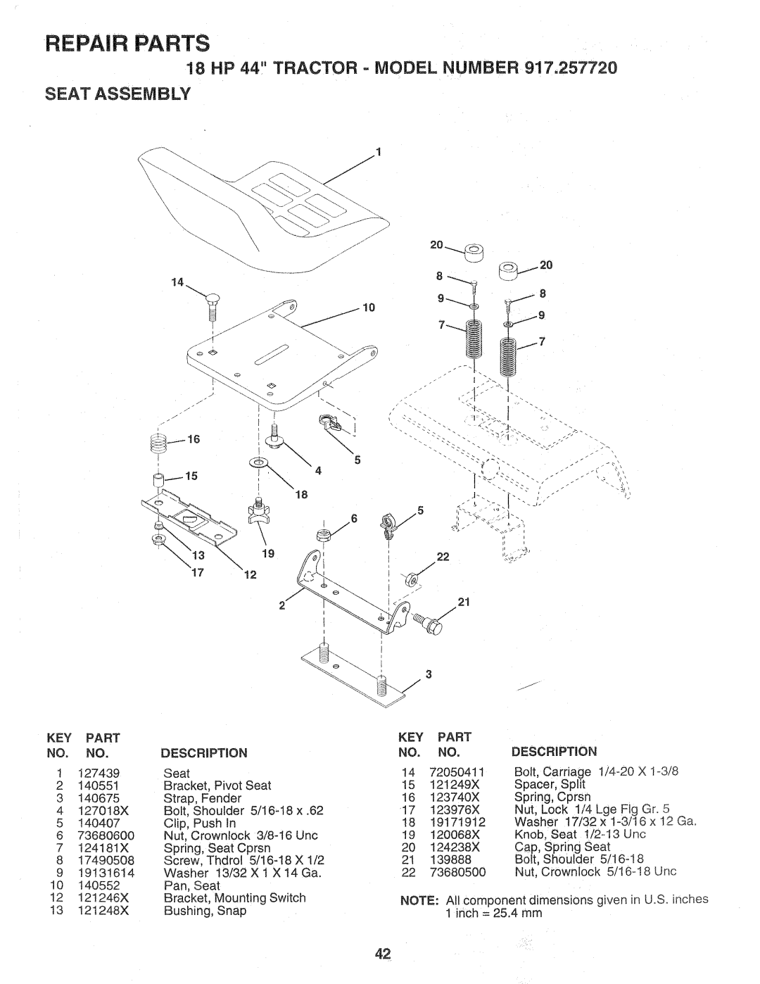 Sears 917.257720 owner manual 18 HP 44 Tractor Model Number 917,257720, Seat Assembly 