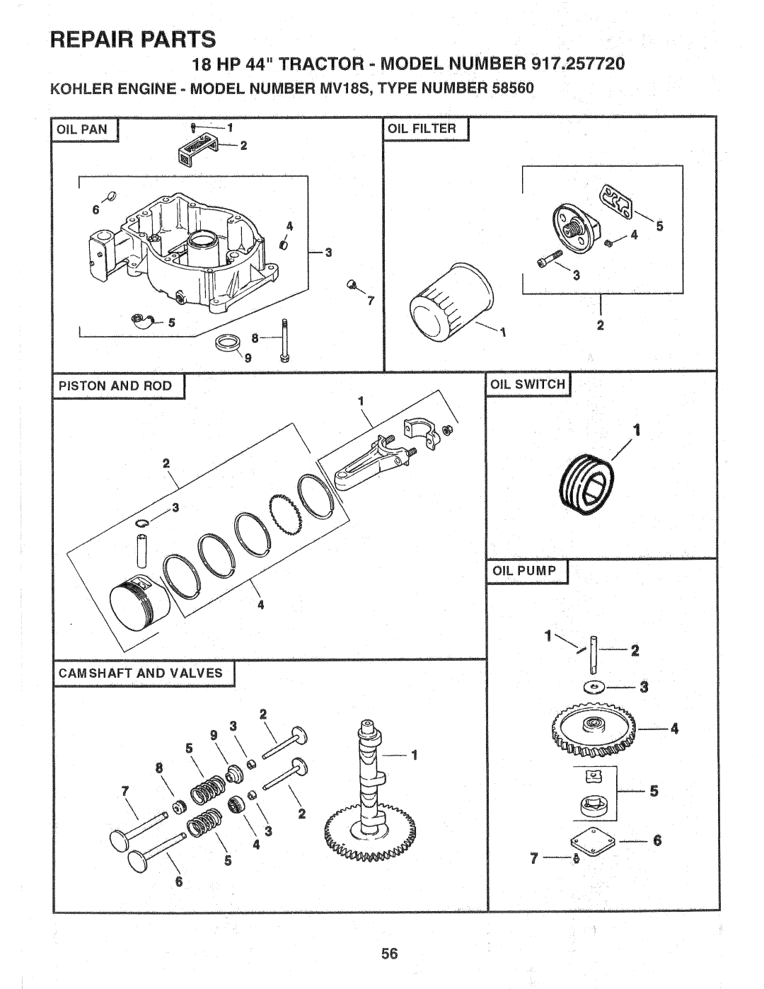 Sears 917.257720 owner manual Kohler Engine = Model Number MV18S, Type Number, Camshaft and Valves 