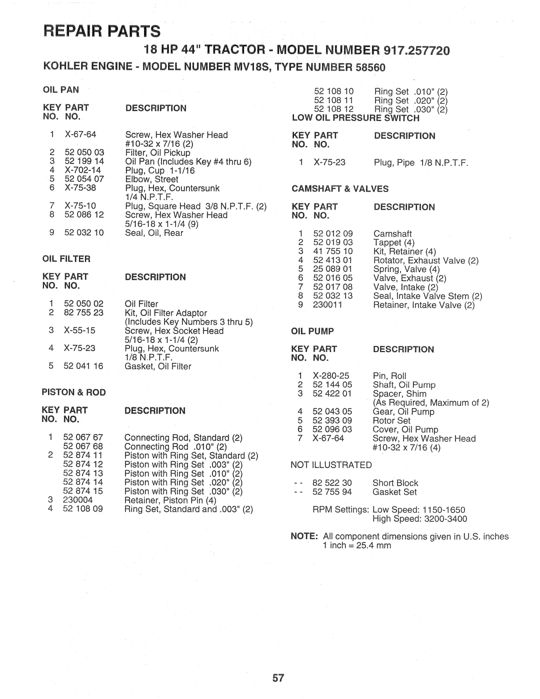 Sears 917.257720 Kohler Engine Model Number MV18S Type Number, Piston & ROD, LOW OIL Pressure Switch, Camshaft & Valves 