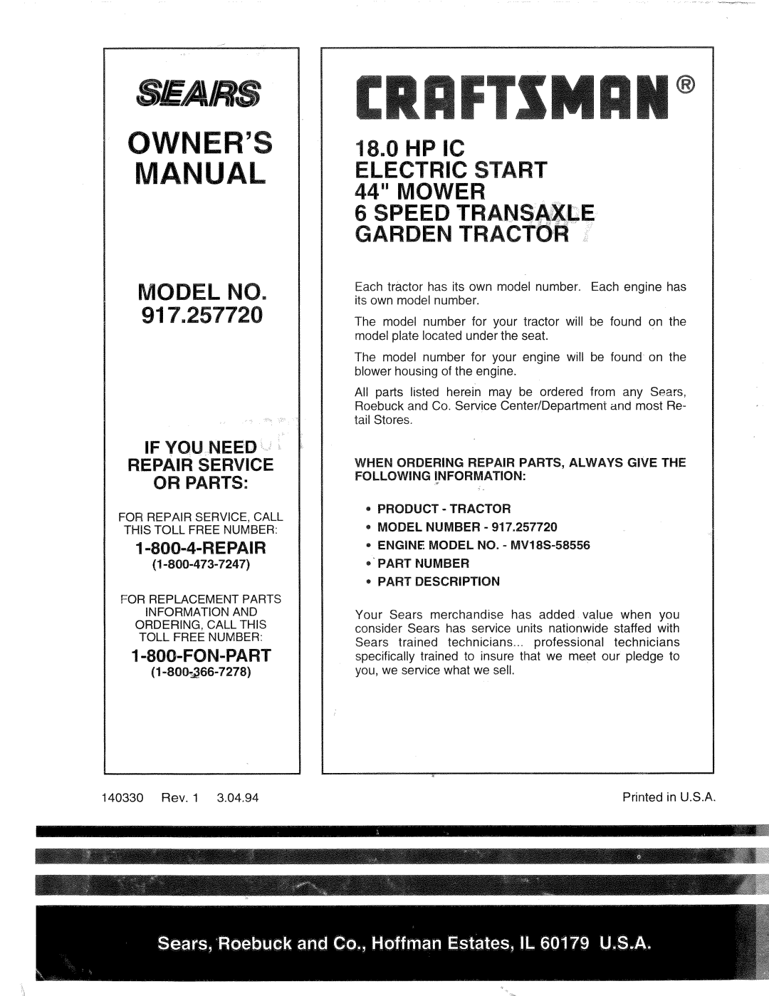 Sears 917.257720 owner manual When Ordering Repair PARTS, Always Give, PRODUCT- Tractor ,MODEL Number, Part Description 